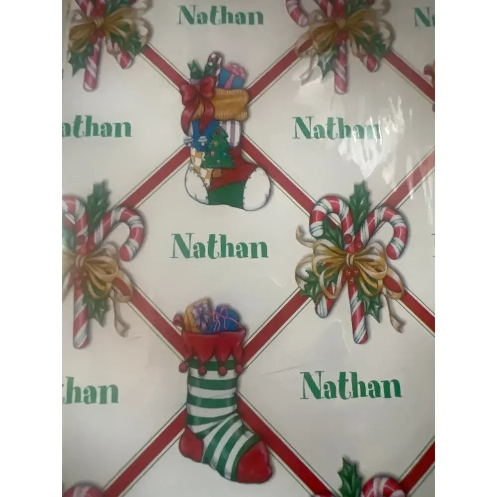 Vintage Holiday Christmas Wrapping Paper & Pull Bow Personalized Nathan NEW